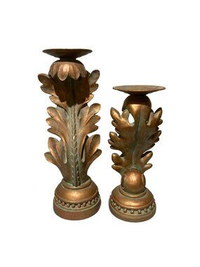 Set of 2 Ornate Gold And Teal Pillar Taper Candle Holders Leaf And Scroll Design